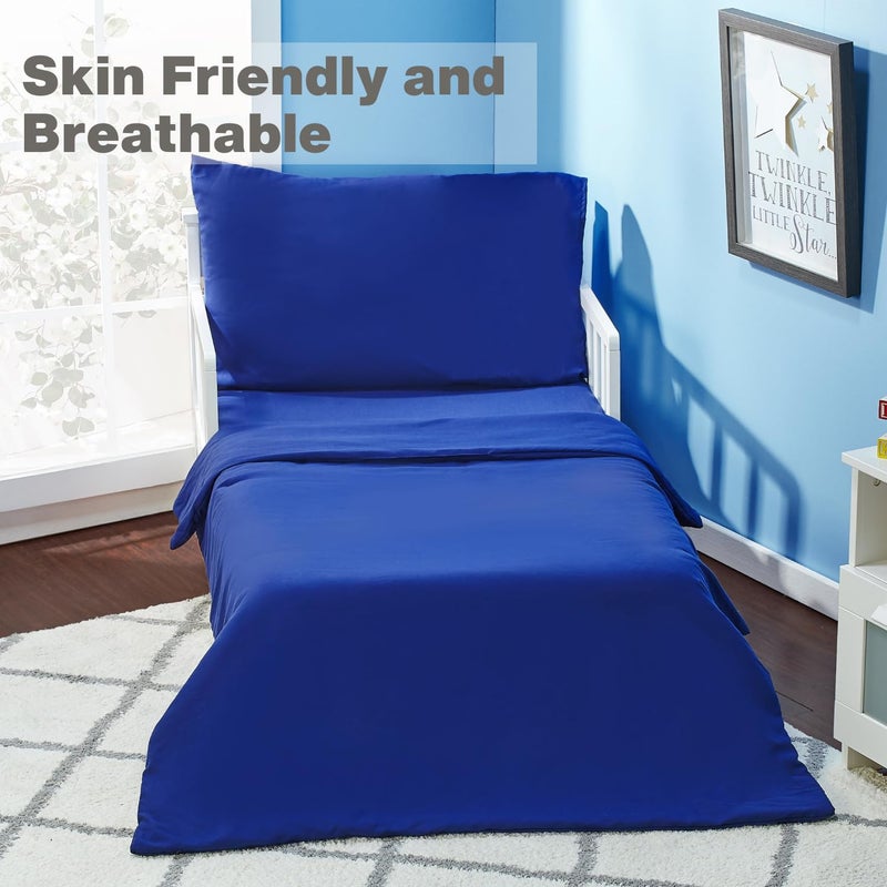 EVERYDAY KIDS 4 Piece Toddler Bedding Set - Includes Comforter, Flat Sheet, Fitted Sheet and Reversible Pillowcase - Solid Navy - Image 2